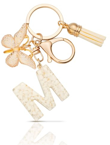 MORSUNBELA porte clef avec lettre initiale porte clé femme porte clef personnalisable, papillon pendentif, cadeau pour femme - beige M