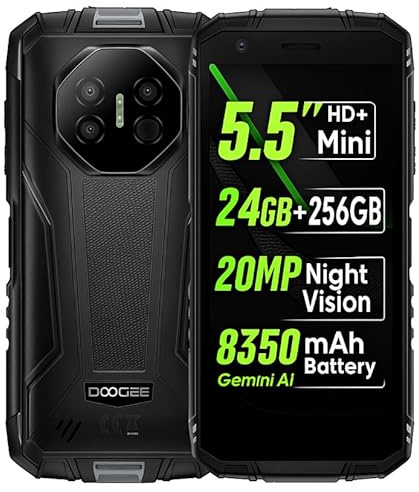 DOOGEE Mini Teléfono Resistente Fire 3 Ultra, 24GB+256GB, 20MP Visión Nocturna Cámara, 5,5 HD+, Cuerpo Compacto+Agarre Fácil, Batería 8350mAh, IA Gemini, Smartphone Antigolpes IP68, NFC GPS Negro