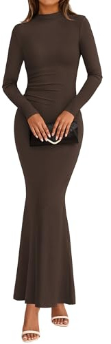 dowerme Spring Dresses for Women 2026 Formal Mock Neck Long Sleeve Ruched Knit Bodycon Mermaid Maxi Wedding Guest Dress(Brown,X-Large)
