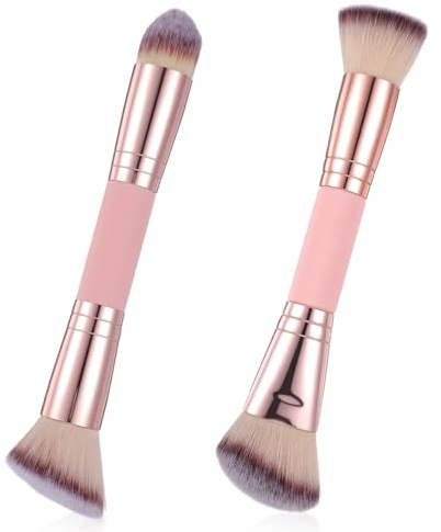 JIEYAO 2Pcs Foundation Makeup Brushes, Premium Double-ended Makeup Brush, Round/Angled Top Contour Foundation Makeup Brush Professional Blush Cosmetic Brushes for Beauty Blending Liquid Powder