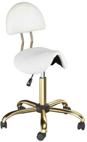Bonnlo Taburete Ergonómico con Respaldo Desmontable, Taburete de Montar con Ruedas 360°, Altura Regulable 48-63 cm, Capacidad 180 KG, para Salón/Oficina/Bar, Cuero PU, Blanco-Dorado (Blanco-Dorado)