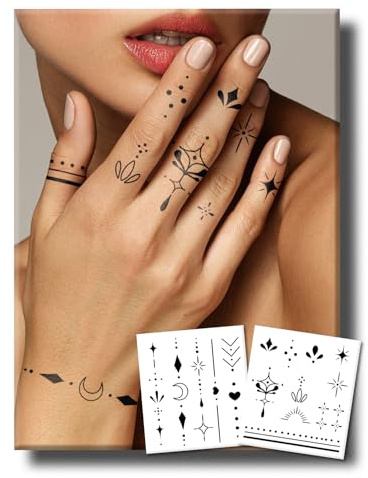 Semi Permanent Tattoos, 2 Sheets Realistic Black Henna Small Hand Temporary Tattoos for Women, Tiny Moon Heart Star Fake Finger Tattoos, Waterproof and Non-Reflective, Last 1 Weeks for Party gifting