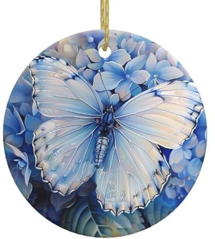 Christmas Ceramic Round Pendant Hanging - 2.9 in YYHHAOFA Butterflies on Hydrangea Printed Decoration Smooth