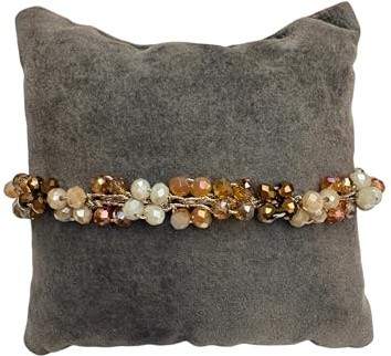 Handgjort armband, virkad, grekiskt, med kristaller i nyanserna bärnsten, kräm och brungrå och lurex garn, lurexgarn, stängning med pärlemorknapp, presentidé för damer. Unik