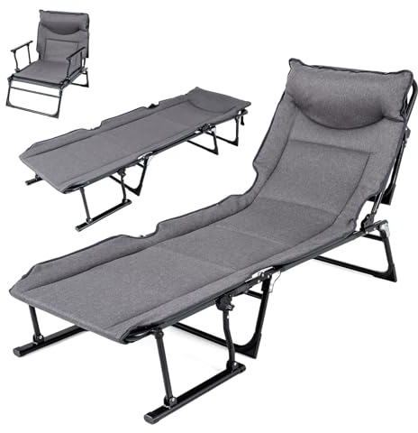 COSTWAY Lit de Camp Pliable 1 Personne, Fauteuil Convertible, Dossier Réglable à 6 Positions, Coussin Intégré, Cadre en Métal, Lit Pliante pour Camping Cour Bureau, Charge 170 kg (180 x 67,5 x 37 cm)