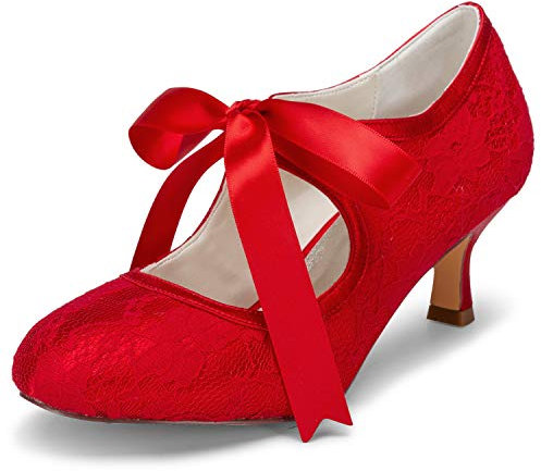 JIAJIA 140311 Bridal Lace Satin Low Heel Closed Toe Prom Party Dance Wedding Shoes Color Red,Size 7 UK / 41 EU
