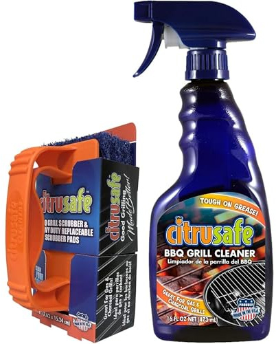 CitruSafe Kit de limpieza de parrilla, limpiador de parrilla de barbacoa (16 onzas) y limpiador de parrilla de barbacoa con 3 almohadillas reemplazables resistentes - Formulado para limpiar de forma