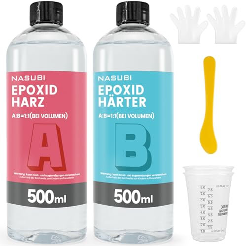 NASUBI Epoxidharz |1L Epoxidharz Set Anfänger| Epoxy Resin zum Basteln, Schmuck, Gießen, Tischplatte|ohne Gelbstich Diamantklar Epoxi Harz mit Härter|Resin mit Rührstab, Messbecher