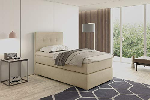 KREATIVE FURNITURE & DESIGN Boxspringbett 80x200 mit Bettkasten - Einzelbett mit Bonell-Matratze und Topper - Bett mit Kopfteil für Ihr Schlafzimmer (Cremig)