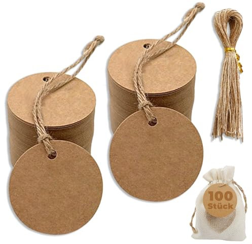 Kraftpapier Rund Anhänger Etiketten, 100 Stück Braun Geschenkanhänger mit 100 Stück Juteschnur, 5 CM kraftpapier Etiketten Tags, für Verpacken, Hochzeiten, Partys, Wahletiketten, Preisschilder