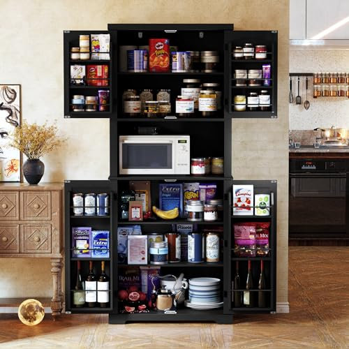 HOLTICO Küchenschrank mit Arbeitsplatte, Hochschrank Küchenbuffet Buffetschrank, Esszimmerschrank, Speisekammer mit Türen und Regalen für Esszimmer, Wohnzimmer, Waschküche,Schwarz