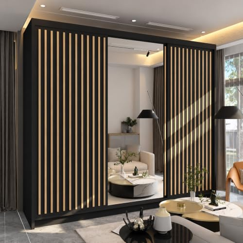 MN Furniture Roni Wide Wardrobe with Hanging Rails, Shelves and Drawers, Freestanding Closet Cabinet and Wardrobe with Sliding Mirror Doors for Bedroom (Black, 250cm)