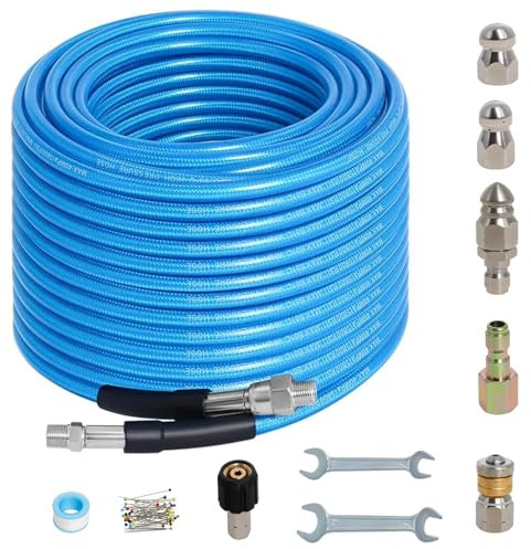 15M High Pressure Washer Hose Kit Compatible with Karcher K2-K7 Bosch Lavor Nilifisk Series Pressure Washer, 400Bar/5800PSI Sewer Jetting Hose Kit with 4 Adapters & 4 Nozzles, Kink Resistant