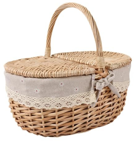 perfk Cesta de Mimbre para Picnic, Cesta de Almacenamiento con Tapa y asa, contenedor rústico, Cesta Tejida de Mimbre para Exteriores, Fiestas en la Playa, Gris Beige, Medio