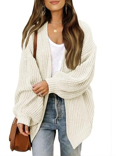 JFAN Cardigan Donna Manica Lunga Lavorato a Maglia Leggero Sciolto Aperto Maglione Giacca Calda con Tasche Pullover Aperto Casual per Autunno Inverno Beige M