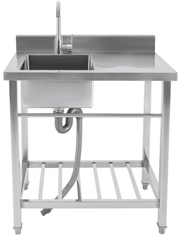 TFIANYNI Edelstahlspüle Freistehend Mit Wasserhahn, 80x55x84cm Edelstahl Multifunktionswaschtisch Spültisch Für Outdoor Und Camping, Haushalt, Verstellbare Füße+ABS-Bubbler (Spüle: Links)