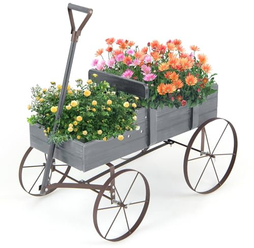HOMASIS Brouette en Bois pour Plantes, Chariot de Jardin avec Roues en Métal et 2 Compartiments, Jardinière en Forme de Monocycle Décoratif pour Jardin, Terrasse, Patio, 63 x 35 x 62,5 cm (Gris)