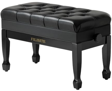 FILISITE Genuine Leather Piano Bench,Duet Piano Bench with Storage,Adjustable Heavy Duty Wooden Double Keyboard Seat XHJ-11G (Black)
