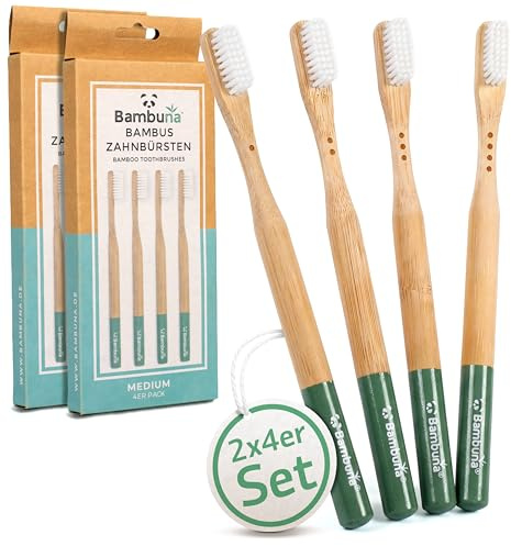 Bambuna, set di 2 spazzolini da denti in bambù, con marcatura discreta, senza plastica, spazzolino da denti in bambù con setole in olio di ricino, prodotto in Germania