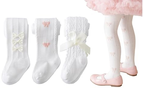 CHUNG Baby Girls Bambino Sottile Mesh Collant Neonato Fiocco Calze Leggings 0-5Years per Estate, 3 paia, bianco, 1-2 jaar