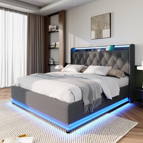 Yardi Yarda Double Bed with Surround LED Hydraulic Storage,Ottoman Bed with Charging Port Upholstered Headboard,Modern Bed Frame for Teenagers(No Mattress) (Grey, 150x200cm)