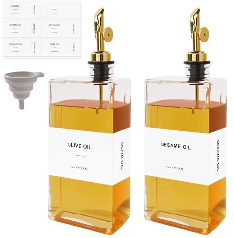 Otauoaea Set di 2 bottiglie di olio di oliva da 500 ml, erogatore quadrato, bottiglia automatica per cucina, con etichette e imbuto