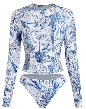 ZAFUL Womens Rash Guard Swimsuits Long Sleeve Sun Protection Bathing Suit Tropical Swim Shirts with Briefs White S