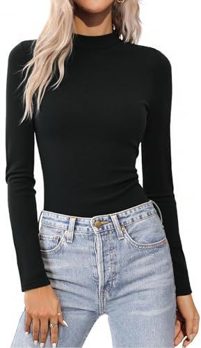 Aottori Camiseta Térmica Cuello Alto Mujer Manga Larga Invierno Base Layer Top con Forro Polar Elegant Punto Acanalado Interior Básico Ajustado Suave Ropa Negro S