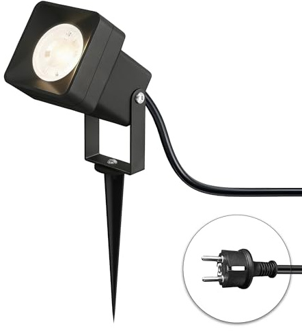 JNR Gartenstrahler LED Außen IP65 Wasserdichte, Aluminium Gartenleuchten mit Strom 5W GU10 3000K Warmweiß Glühbirne, 2m Kabel mit Stecker Gartenbeleuchtung mit Strom, Schwarz