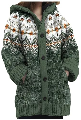 Duohropke Norwegian Cardigan Women's Winter Chunky Knit Cardigan with Hood Alpaca Colourful Long Knitted Jumper Hooded Jacket Buttons Jacquard Sweatshirt Warm Chunky Knit Jumper Quilted Jacket