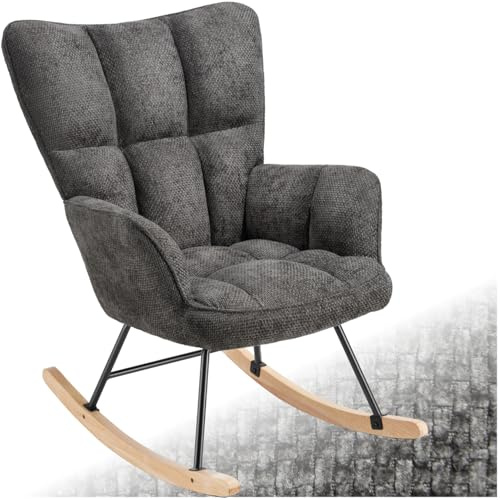 tectake® Fauteuil à Bascule rembourré 70x96x97cm, Tissu Chenille, Max 120kg | Grand dossier confort, Patins en bois, Structure en Acier, Assise ergonomique, Style scandinave, Motif matelassé, Anthracite