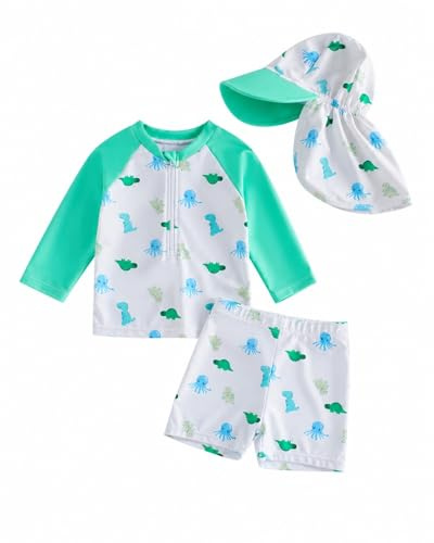 JiAmy Conjunto de Protector de Erupción para Niños, Bañador de Manga Larga con Sombrero Solar 6M a 4A, Verde claro, 6-12 Months