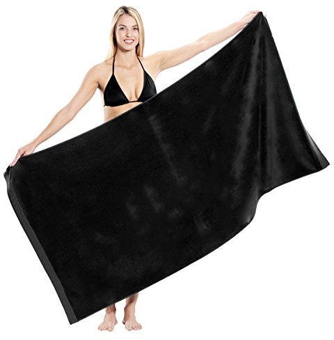 Heavy Weight Jumbo Size Dobby Hem Velour Beach Towel (Black)