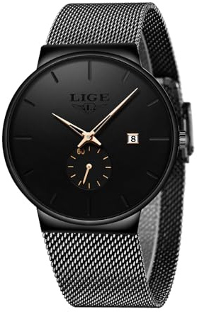 LIGE Montres Homme | 3ATM Waterproof Vintage Quartz Date Mens Watches Black Mesh Stainless Steel Strap Business Casual Simple Analogue Wrist Watch Montre Etanche Homme,Aiguille d'or