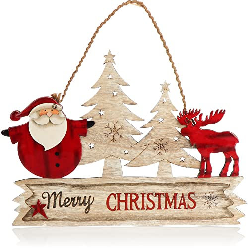 com-four® Hängedeko Weihnachten - Holz-Aufhänger Schriftzug mit Santa Claus und Elch - Türschild Christmas aus Holz für Tür, Fenster oder Wand (Elch Schriftzug)