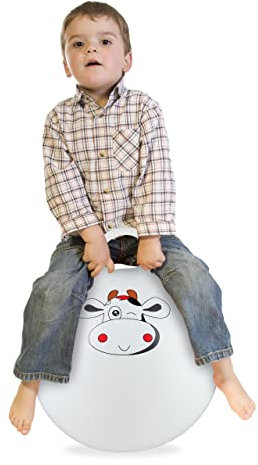Relaxdays Hüpfball für Kinder, Kuh-Motiv, Hopseball mit Griff, Ø 45 cm, drinnen & draußen, Sprungball bis 150 kg, weiß