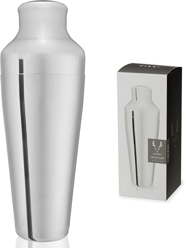Viski Parisian Cocktail Shaker, Contoured High Shine Polished Stainless Steel with Built-in Cap and Strainer, 25 Oz Set of 1, Silver
