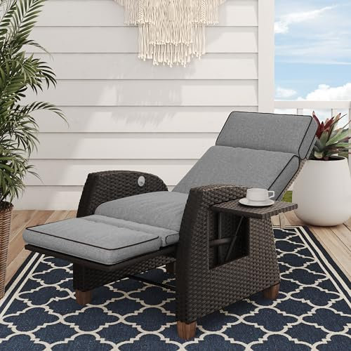 Grand patio Relaxliege Liegesessel mit Sitzkissen Gartensessel Verstellbare Rückenlehne Rattan Sonnenliege für Innen, Außeneinsatz -Grau Sitzkissen & Braun Rattan