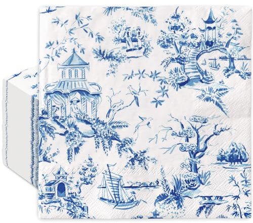 Generic AnyDesign 100 Stück toskanische Servietten, Aquarell, Chinoiserie, Einweg-Servietten, blau-weiß, Papierservietten für Zuhause, Küche, Badezimmer, Dekoration