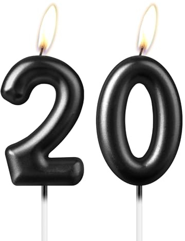 Candela Número 20 en Perla y Negro, Hermosa Decoración de Pastel para Fiestas, Decoración de Pastel de Cumpleaños Brillante en Negro para Mujeres y Hombres