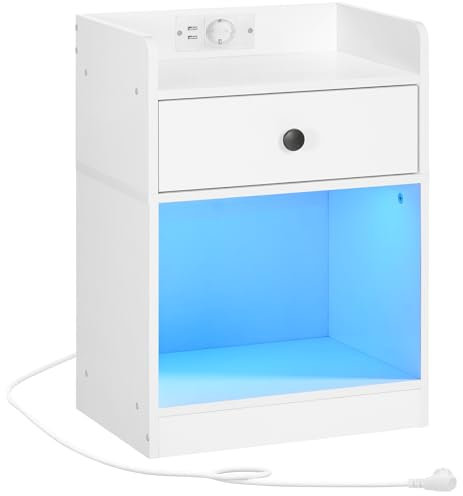 HOOBRO Nachttisch, Beistelltisch mit Ladestation und LED-Streifen, Nachttisch mit Schublade und Fach, Sofatisch mit 1 Steckdose und 2 USB-Anschlüssen, Wohnzimmer, Schlafzimmer, Weiß EWT18CDBZ01