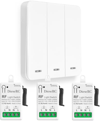 DieseRC Interrupteur de Lumière Sans Fil, Interrupteur émetteur RF pour Panneau Mural de type 86 et Contrôleur-récepteur à Relais de 10 A, pour des Lumières Jusqu'à 1500 W