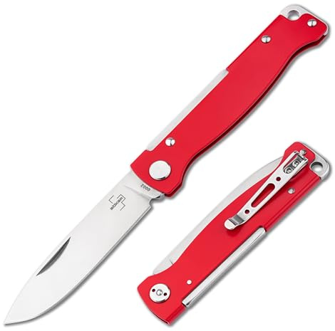BÖKER PLUS® Atlas Red Taschenmesser – 2 Hand Vollmetall Klappmesser mit scharfer 7,3 cm Sandvik Klinge - EDC Faltmesser mit Metallgriff aus Edelstahl rot - 42a konformes Slipjoint Folder Messer