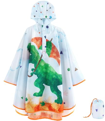 WAWSAM Kids Poncho Waterproof - Dinosaur Rain Poncho for Boys - Lightweight Hooded Raincoat with Storage Bag - Portable Rainwear for School & Travel