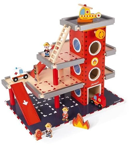 Caserne de Pompiers en Bois 3 Niveaux + 10 Accessoires (Dont véhicules) - avec Ascenseur et héliport - Set Univers Garcon 3-8 Ans + Carte