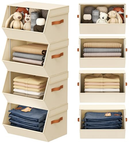 Stackable Closet Organizers and Storage Bins, Open Front Closet Shelf Organizer System With Steel Frame, Clothes Storage Basket Fabric, Collapsible Closet Drawers for Wardrobe, Nursery ,Toy, 4 Pack