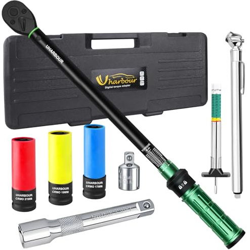 Uharbour 1/2 20-230Nm Torque Wrench Set, 8-Piece for Car Tyre Maintenance | with Tyre Pressure Gauge, Tread Depth Gauge, Extension Bar, 3 Sockets & Adapter, Calibration Certificate, ±3% Accuracy