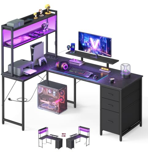 VASAGLE Escritorio en L, Mesa de Ordenador Gaming, con Enchufes y USB, Luces LED, 3 Cajones, Estantes y Soporte para Monitor, 160 x 100 x 150 cm, Negro, Colección Barnet LWD163B101