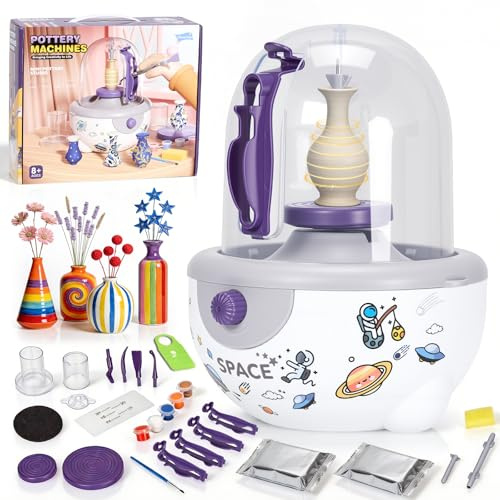 Mini Electric Pottery Wheel for Kids & Beginners, Adjustable Ceramic Machine with Sculpting Tools, Removable Splash Guard, Dual Turntables, Portable Pottery Kit for Home DIY, School Art Craft