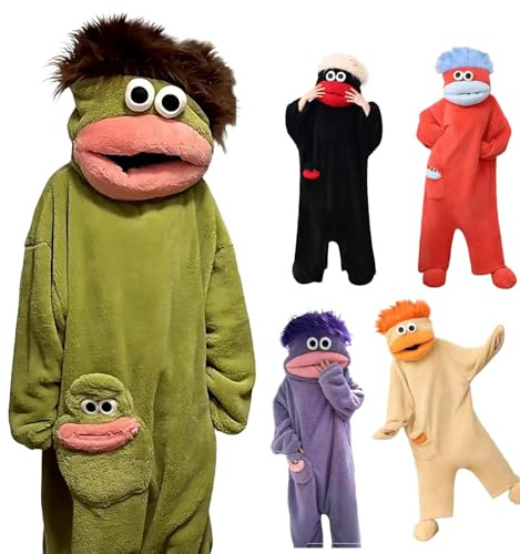 Funny Silly Onesie Adult Pajamas Ultra Soft Plush Hooded One-Piece Soft Fabric Long Sleeves Loungewear Fun Cozy Relaxing Cute big mouth monster Green Plush Monster Pajamas Cozy Sleepwear